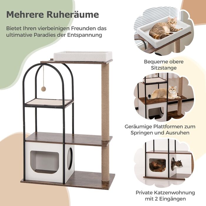 Дерев'яний кігтеточки COSTWAY з будиночком для котів, 118 см, з лежаком та іграшкою, металевий каркас, 4 рівні, вінтажний дизайн (білий)