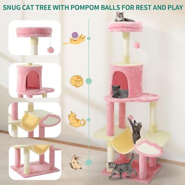 Кліматичний комплекс для котів YITAHOME XXL, 142 см, рожевий, з 8 стовпчиків сизалю, 3 платформи, 2 печери, гамак, іграшки, когтеточка, для дому