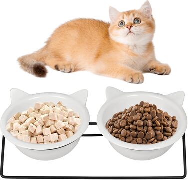 Набір з 2 керамічних мисок для котів, нахил 15°, протиковзкий, для води, вологого та сухого корму, ласощів, ідеально для котів та маленьких собак