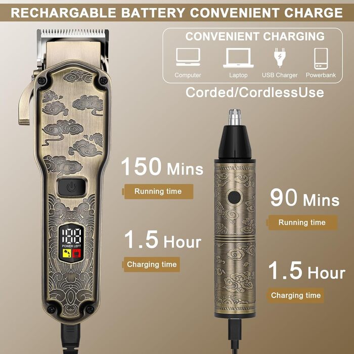 Електрична машинка для стрижки волосся Hatteker Profi: триммер для бороди, тіла та довгого волосся, водонепроникна (Бронза 2)