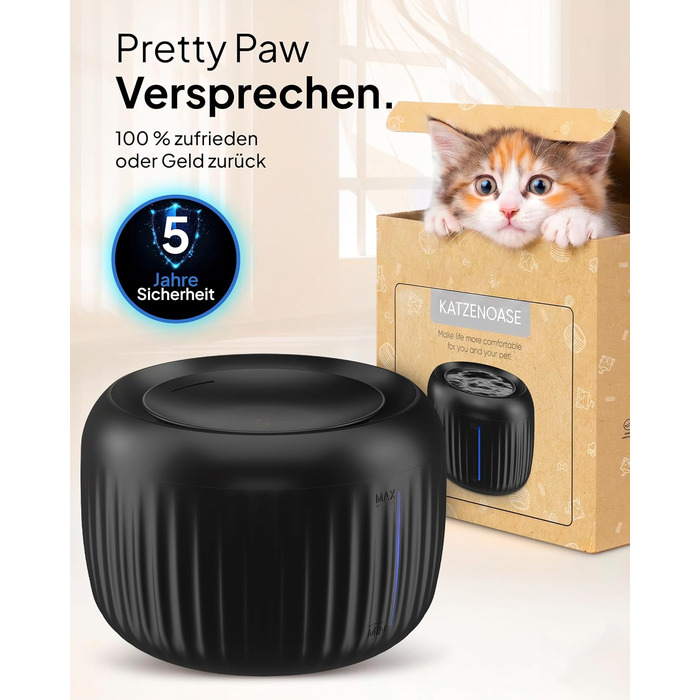 Фонтан-питилка для котів Pretty Paw з безшумною помпою, LED-підсвіткою та вугільним фільтром, 2.5 л, колір Obsidian Black