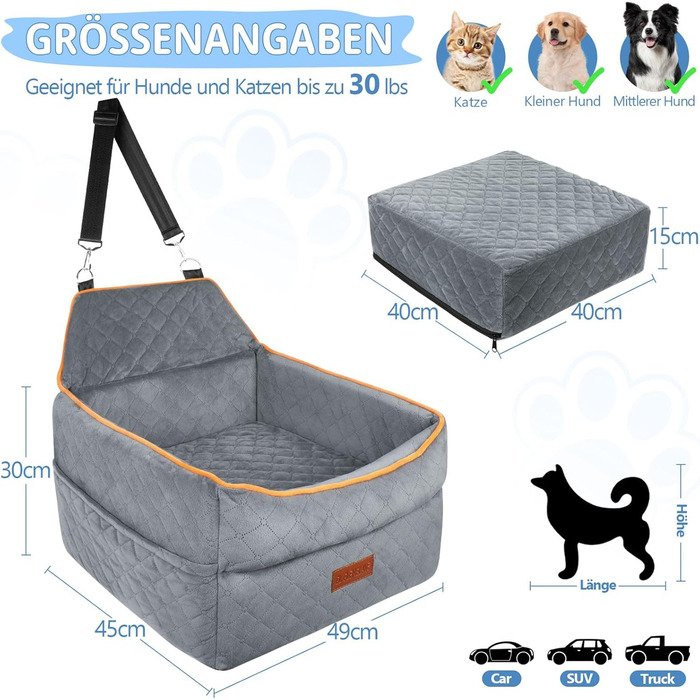 Підвищення для собак, сіре, до 15 кг, знімний, миючий, з кишенями для зберігання, для передніх та задніх сидінь