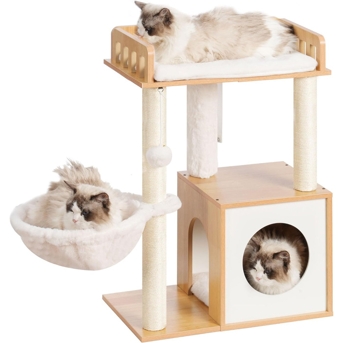 Дерев'яна кігтеточка Heybly HCT007SSR для котів: кігтестоїка-стійка з платформою 30x50 см, будиночком та 2 сизалевими стовпчиками, коричнева