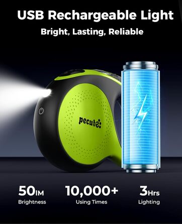 Рулетка для собак Pecute 8м з LED-підсвічуванням, 360° без перекручування, для собак до 50 кг