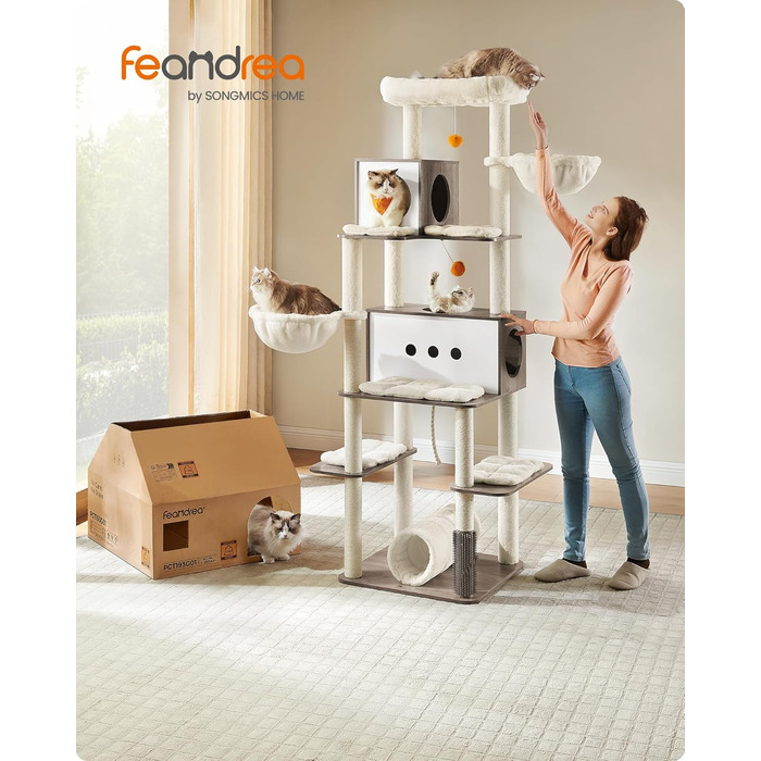 Котячий будинок Feandrea, 197 см, багаторівневий, XXL, сучасний, з 2 будками, 2 лежаками, 4 стовпами для дряпання, тунелем, платформами, котячою щіткою, Greige PCT193G01
