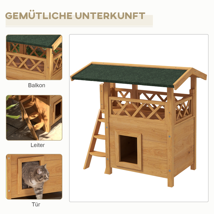 PawHut Cat House 2-поверховий з асфальтовим дахом і балконом, вілла для кішок з масиву дерева зі сходами, натуральна, 77x50x73см| Аосом