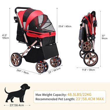 Візок для собак DWVO 3-в-1: візок, переноска, сумка. До 22 кг, EVA-колеса, сітчасті вікна, червоний (58.5x76x105 см)