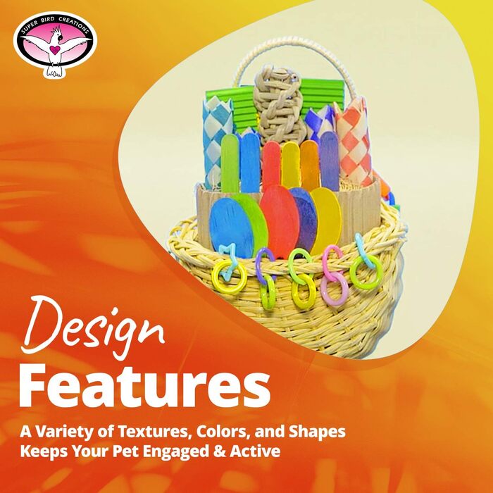Super Bird Creations SB669 Плетений кошик для папуг середнього розміру, іграшка для кільчастих, конур, квакерів, кайків, піонусів, сенегалів, різнокольорова з хрусткими текстурами, 25,4 x 10,2 x 12,7 см