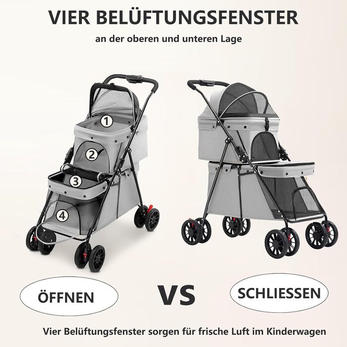 Складаний візок для собак на 2 яруси, переноска для домашніх тварин до 24 кг, візок для собак з сітковими віконцями, ремінь безпеки, 4 колеса, складаний візок для котів та маленьких собак (сірий)