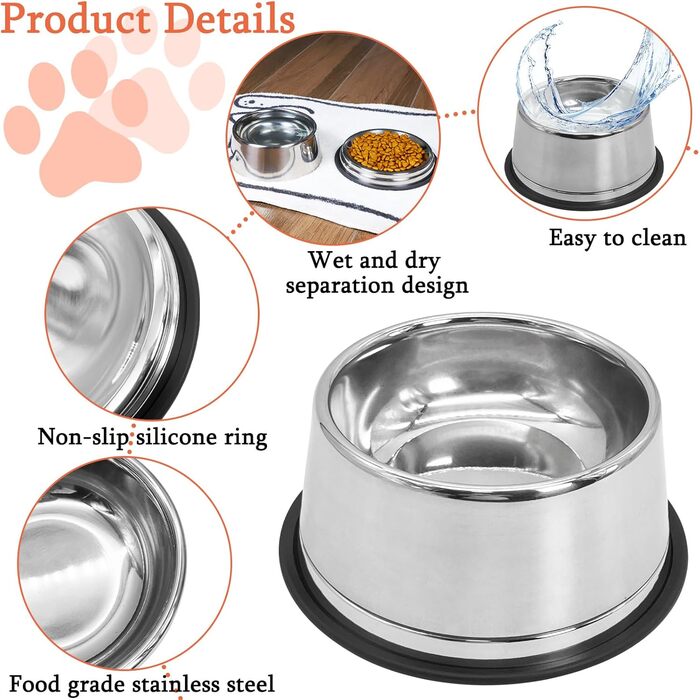 Набір мисок для котів та собак 2-в-1 з нержавіючої сталі з гумовим дном, знімні та стійкі, для цуценят, кошенят, кроликів