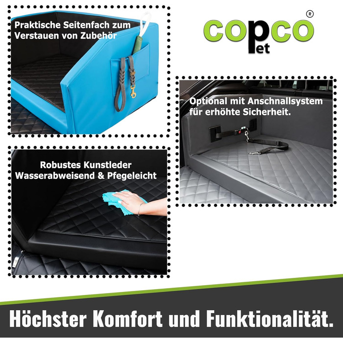 Лежанка для собак у багажник CopcoPet: 70x55x38 см, штучна шкіра, захист багажника, водовідштовхувальна, стійка до подряпин, з захисним покриттям, антиковзаюча, міцна, для подорожей (Блакитний/Сірий, 100x70 см з системою ременів)