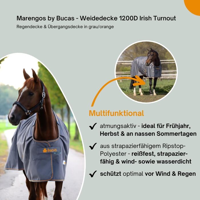 Зимова ковдра Marengos Bucas 1200D Irish Turnout - дихаюча та водонепроникна ковдра для вигулу з внутрішнім шаром та перехресним кріпленням. Сірий/Помаранчевий, розмір 145 см (наповнювач 50 г/м²)