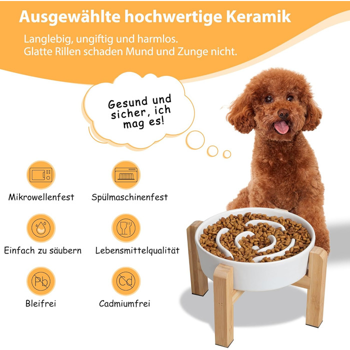 Миска для собак антиблік з кераміки, піднята - миска для собак на бамбуковому антиковзному підставці, миска для повільного годування, для собак маленьких та середніх порід, біла, діаметр 17 см, 1.25 CUP