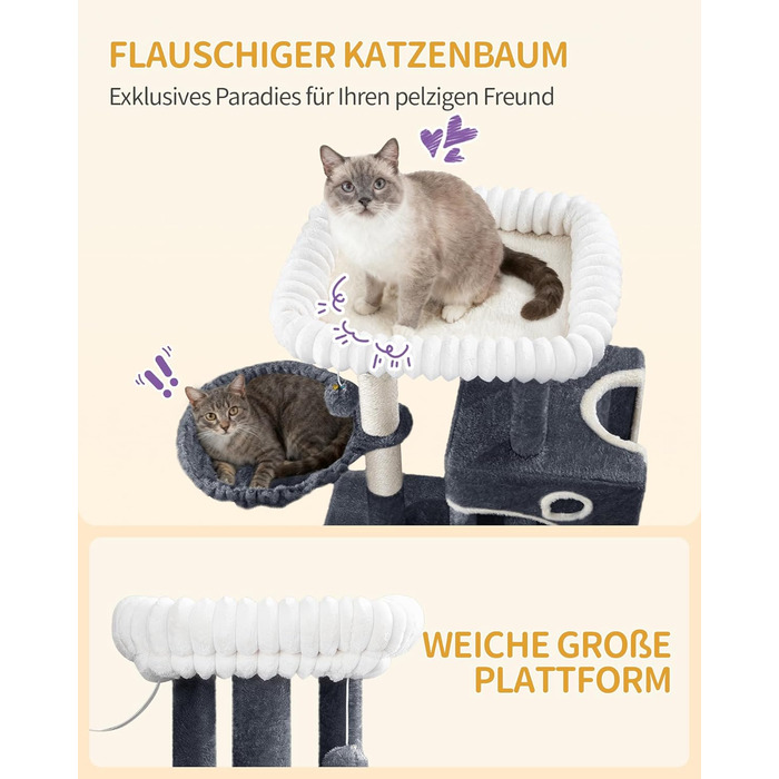 Дерево для котів Hzuaneri, 98 см: стійка конструкція, велика платформа, іграшкові м'ячики, печери, стовпчики для дряпання, дощечка для дряпання, темно-сірий MS10118SG