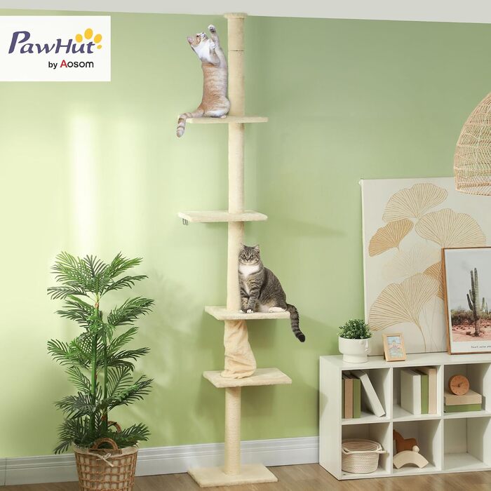 Високий кігтеточка-комплекс для котів PawHut, розсувна стеля (225-275 см), кремовий колір, 42.5x26.5x275 см
