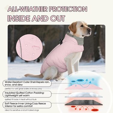 Водонепроникний зимовий теплий одяг для собак середніх порід QBLEEV з інтегрованим шлейкою та світловідбиваючими елементами, рожевий