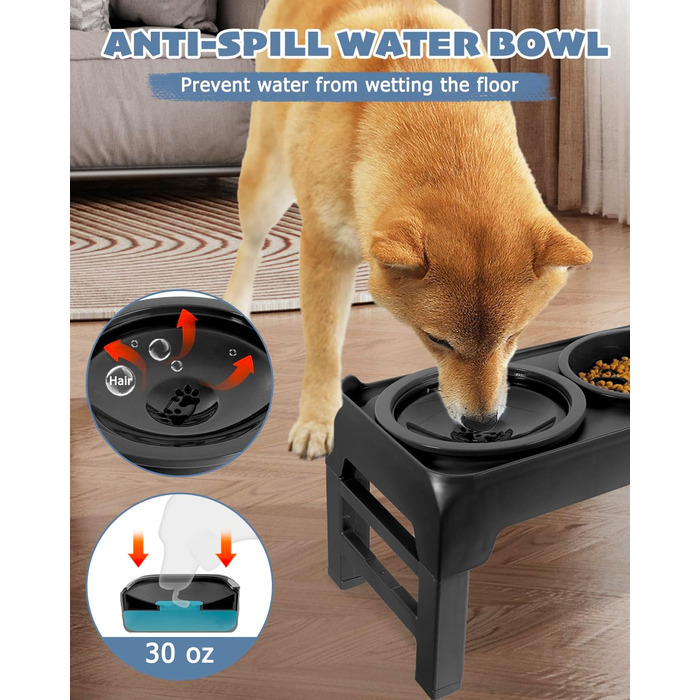 Підвищений годівниця для собак, регульована висота, повільний годівник та миска для води без обливання, набір, миска для корму для собак, миска для води для великих, середніх та маленьких собак, котів та домашніх тварин, чорний