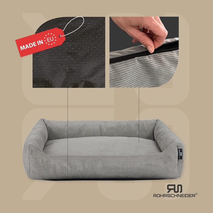 Лежанка для собак Rohrschneider, сіра, для маленьких та середніх собак, з подушкою, 70x50 см, включає пакети для прогулянок. Тканина: корд.
