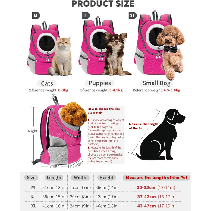 PETCUTE Рюкзак для тварин, переноска для собак та котів, рожевий (38 x 20 x 42 см)