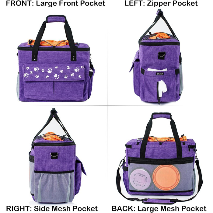 CLAWIST Сумка для собак, переноска для подорожей, XL, фіолетова. З контейнерами для корму та мисками. Відповідає вимогам авіакомпаній