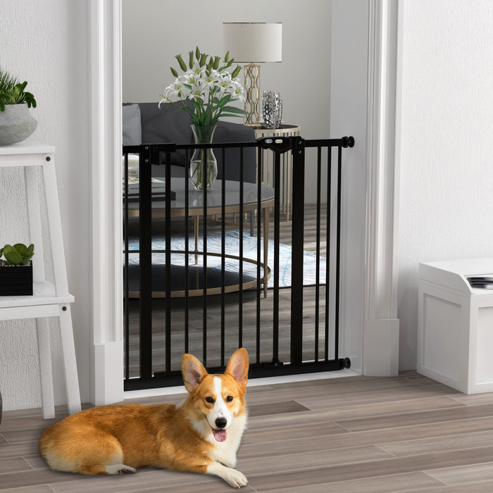 PawHut Door Gate Guard, Шлагбаум, 74-87 см, Сходові ворота для домашньої тварини, Ворота для собаки в т.ч. різні надставки, Захисні ворота без свердління, Метал, Пластик, Чорний | Аосом