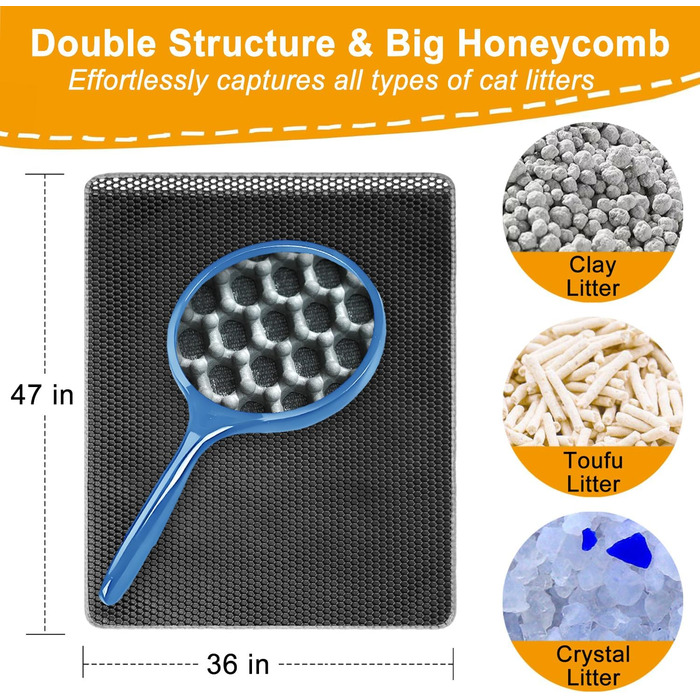 Килимок під лоток для котів, XXL, 119.4 x 91.4 см, вологостійкий, антислизький, сірий