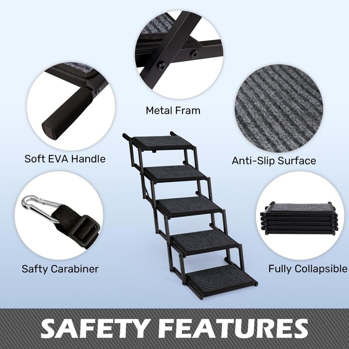 Сходинка для собак у машину, складна, до 113 кг - 5 сходинок, антиковзка, сіра (метал/тканина)