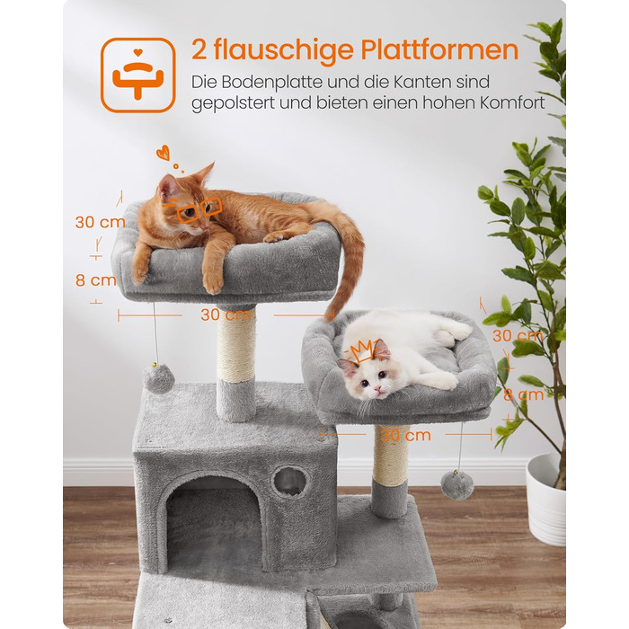 Багатоповерховий котячий будиночок Feandrea з 13 стовпчиками для дряпання, 2 платформами, 2 печерами, гамаком та іграшками, 168 см, сірий
