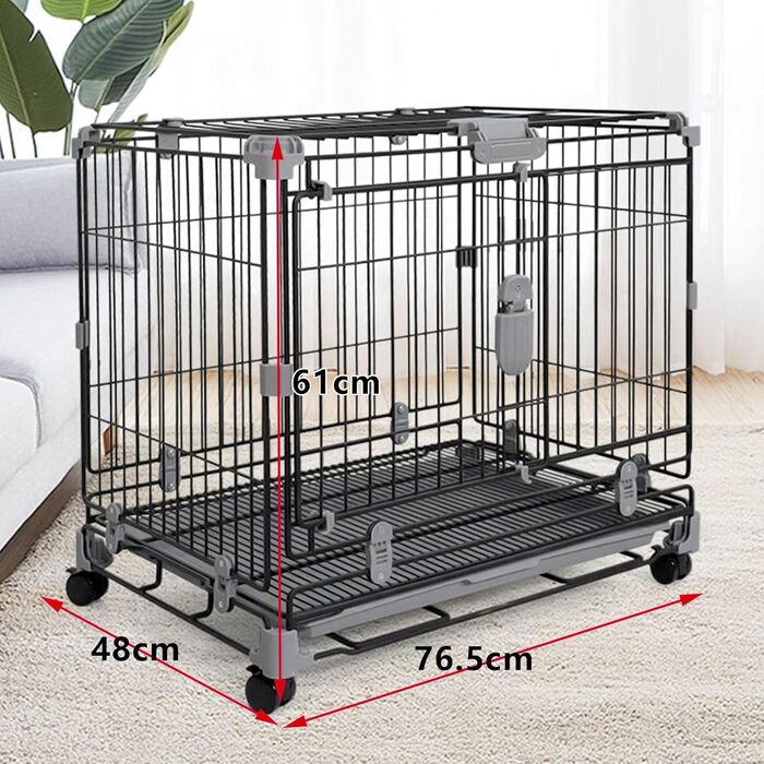 Транспортна переноска для собак, вольєр, переноска для тварин, складана, металевий каркас, 2-3 ярусна, з подвійними дверцятами, антизламна, з колесами та піддоном, легка у прибиранні (рожева, 76.5 x 48 x 61 см)