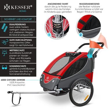 Дитячий причіп KESSER® 2в1 для велосипеда з поворотним з'єднанням 360° та амортизацією. Підходить для 1-2 дітей (до 40 кг), з 5-точковим ременем безпеки та прапором.