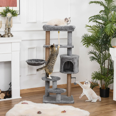 Кігтеточка PawHut дерев'яна висотою 120 см з кошиком Cat Cave Ігровий м'яч для маленьких кішок в світло-сірому кольорі