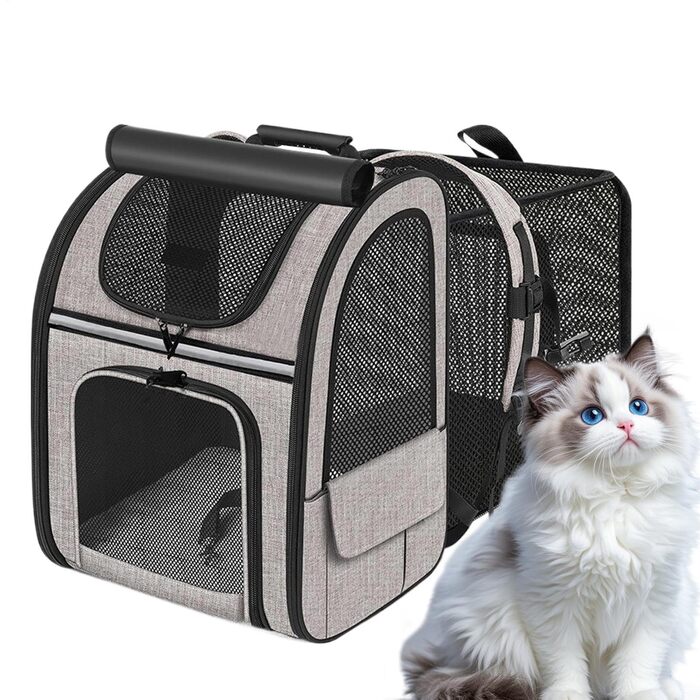 Транспортна сумка для котів, рюкзак для собак, переноска для тварин, дихаюча, розширювана, складна, для подорожей, прогулянок, сірого кольору (з чорною основою)