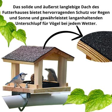 Годівниця для птахів на балкон Vogelfutterhaus, дерев'яна, ручна робота, для садових і диких птахів, з кріпленням на балкон, розмір 30-60 мм, натуральне дерево, стійка до погодних умов
