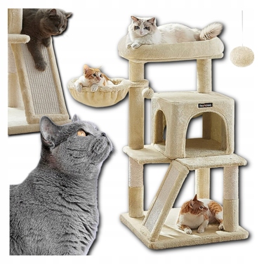 Низька скребничка для котів Feandrea, бежева, 96 см, сизаль, 2 рівні