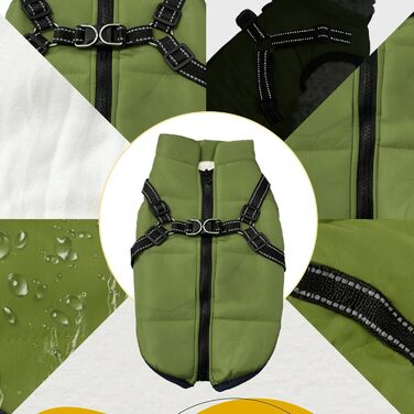 Водонепроникний собачий плащ з шлейкою, зимова тепла флісова куртка для середніх та великих собак, світловідбиваючий вітрозахисний собачий костюм (армійсько-зелений) – M