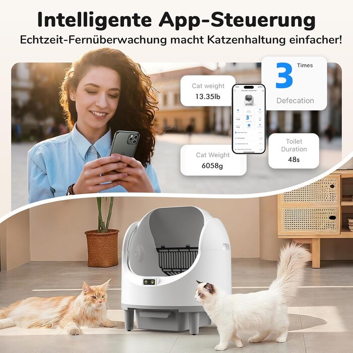 Автоматичний лоток для котів з самоочищенням, з датчиком безпеки, керуванням через додаток та видаленням запаху, великий об'єм, для кількох котів XXL