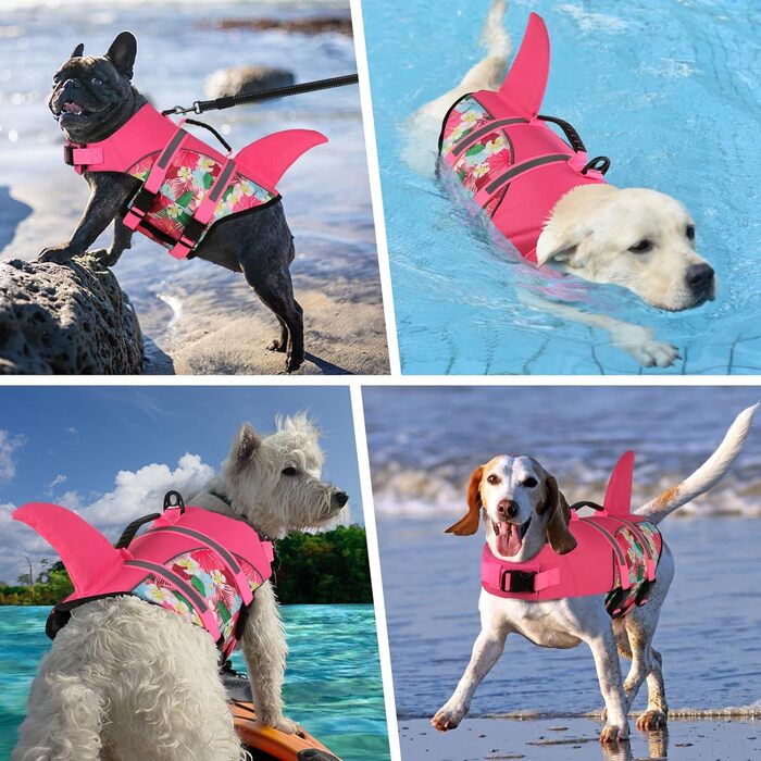 Жилет для плавання собак Doglay з принтом акули, рожевий, X-Small. Забезпечує плавучість та безпеку під час купання та катання на човні.