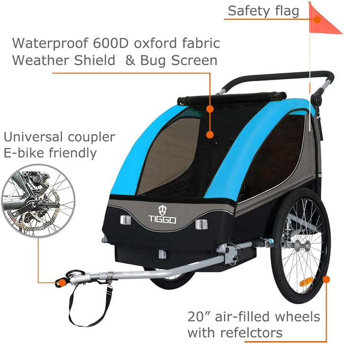 Причіп для дитячої коляски Tiggo S2 з підвіскою, 2-в-1, для бігу та велосипеда, причіп-трансформер, поворот на 360°, блакитний