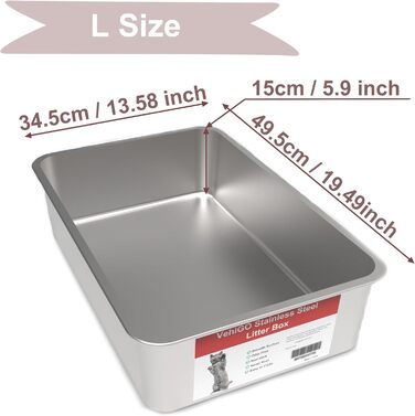 ВехіГо великий лоток для котів з металу, нержавіюча сталь, міцний, для великих або кількох котів, гладка поверхня, легке очищення, (50 x 35 x 15 см)