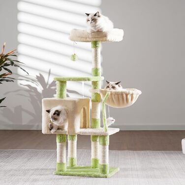 Комплекс для котів Heybly Kratzbaum HCT004SW: Дряпка-будиночок з іграшками, лежаком та сизалевими стовпчиками (43.3 см, зелено-бежевий)