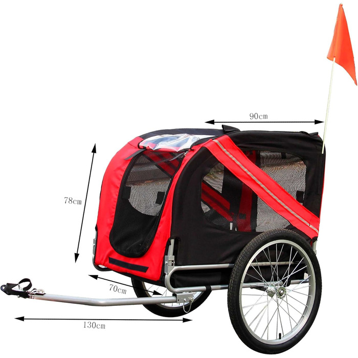 Причіп для собак Wiltec 220x700x78 см з безпечною поворотним з'єднанням, вантажний причіп з москітною сіткою та захистом від дощу, чорний/червоний