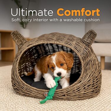 Будинок-ліжко для кота та собаки Huntley Pet Rattan з ротангового плетіння з подушкою