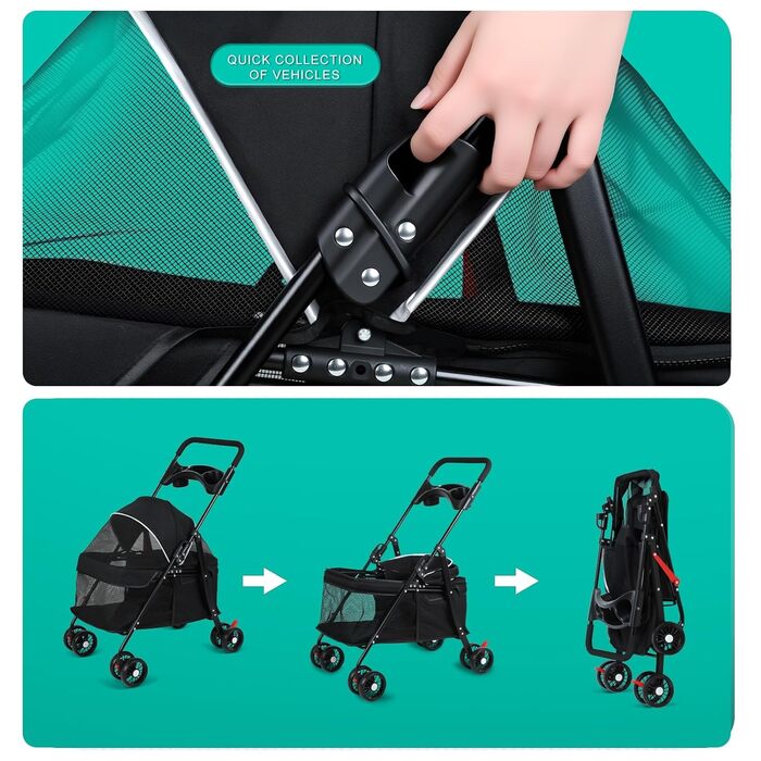 Трансформер для собак і котів до 10 кг, чорний. Складаний візок для тварин з підсклянником, дихаюча сітка, 4 колеса