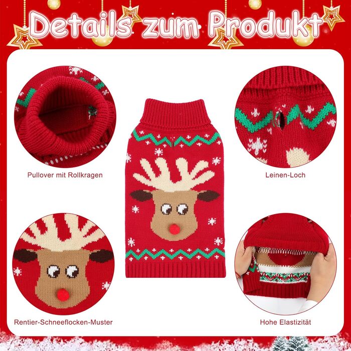 Пуловер для собак HYLYUN на Різдво: костюм з повідком, оленя та сніжинки. Класичний ролкраг для цуценят та собак середнього розміру