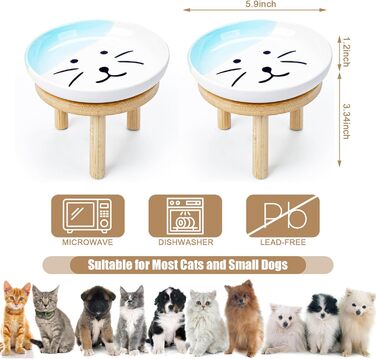 Набір мисок для котів з бамбуковим підставкою (2 шт.), 15 см, кераміка, зручні для вусів, зелені