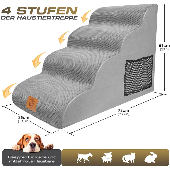 Сходинки для собак маленьких порід, 4 сходинки, знімний підйомник, неслизьке покриття, для ліжка та дивану, сірий колір