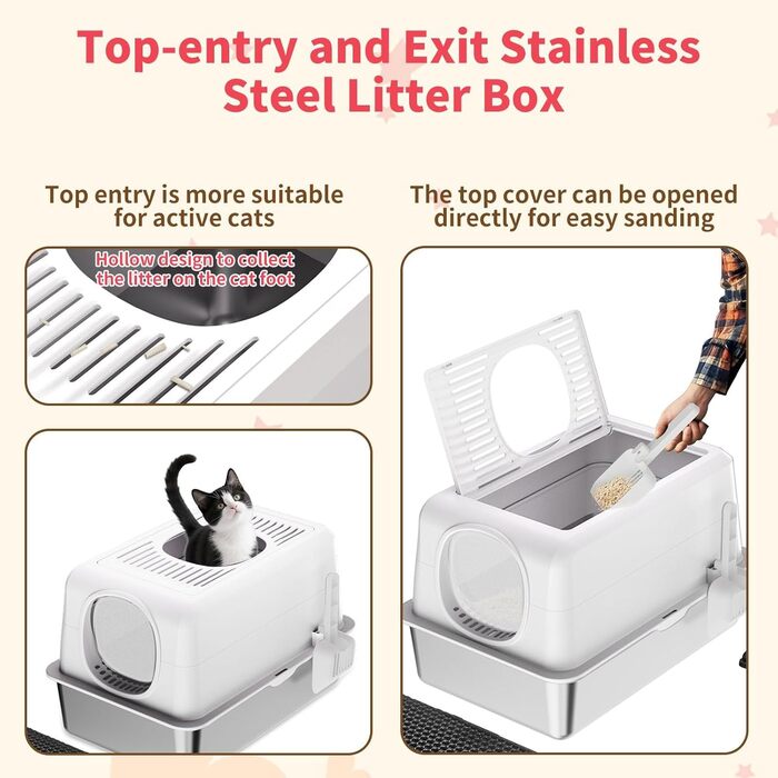 Набір для туалету котів з нержавіючої сталі з кришкою, великий, для великих котів, з совочком та килимком (білий)