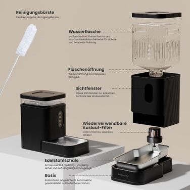 Автоматичний диспенсер води для собак та котів Gardner Pet 6.5L, годівниця, не потребує електрики, з нержавіючою чашею, велика ємність, BPA-free, безшумна, чорний