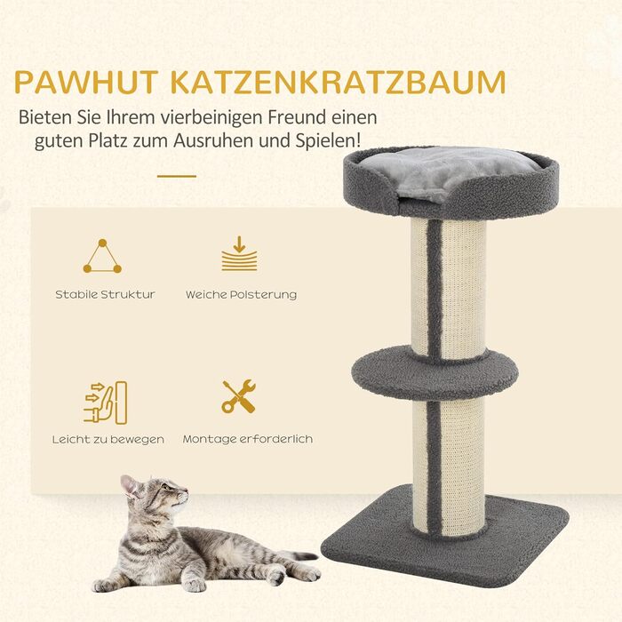 Дряпак для котів PawHut 91 см, з ліжком, ігровий комплекс, сірий, сизаль і овеча шерсть, для котів до 5 кг
