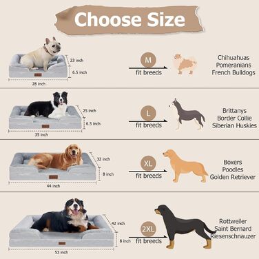 Ортопедичне ліжко для собак середніх порід - Водонепроникне ліжко для тварин з піною-пам'яттю знімний, пральний чохол, антиковзаюче ліжко-софа для собак середнього розміру (M, Сірий) 86.4 x 91.4 x 16.5 см